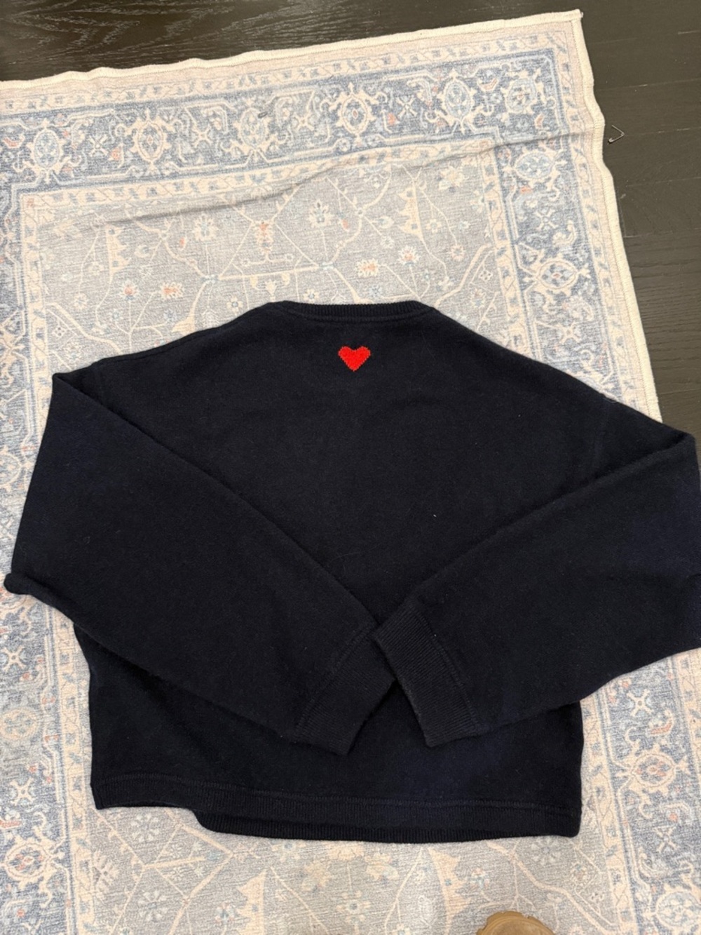 White + Warren Navy Cashmere Sweater with Red Heart Accent